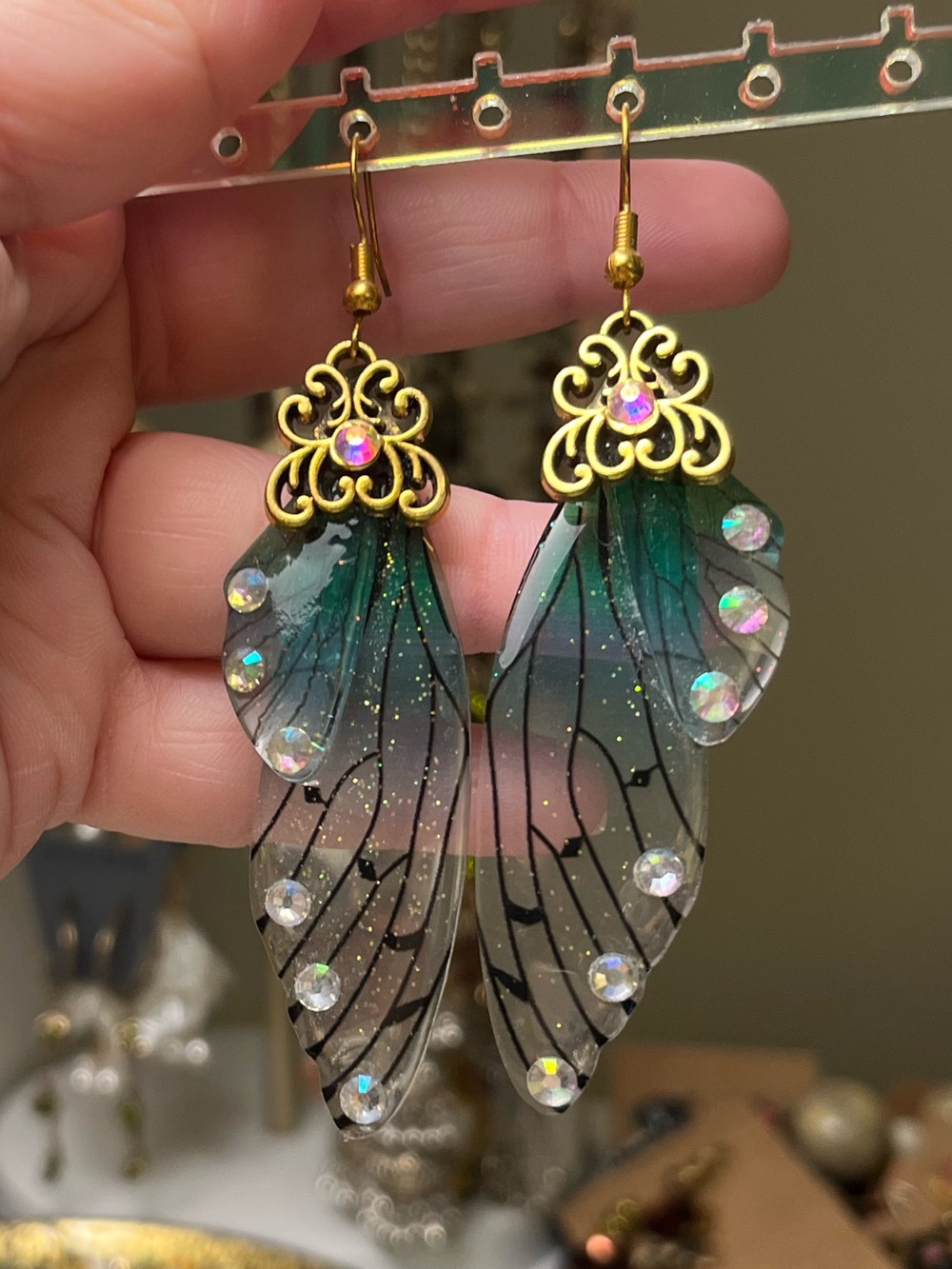 Iridescent Fairy Wing Rhinestone Drop Earrings